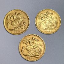 3 Victorian Gold Half Sovereigns Dated 1895, 1898 And 1894