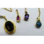 A collection of four pendant and chains. Featuring a 9ct yellow gold emerald cut Amethyst pendant,