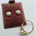 A cultured pearl foliate design ring, along with a matching pair of cultured pearl studs. All in