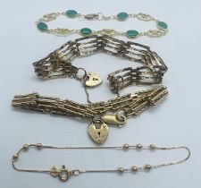 2 9ct Yellow Gold Gate Bracelets, A Yellow Metal Malachite Bracelet marked 750 & Another Bracelet