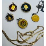 A collection of five enamelled coins, along with a 9ct gold curb chain. approximate weight of gold