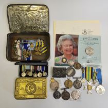 Collection Of Medals And Coins Etc Inc WW1 Pair, Royal Navy Long Service Medal & A Miniature Group