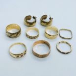 7 x 9ct gold bands and 1 set of 9ct hoop earrings