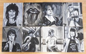 Rolling Stones canvas paintings of the Stones, eight individual acrylics on canvas by artist Abby