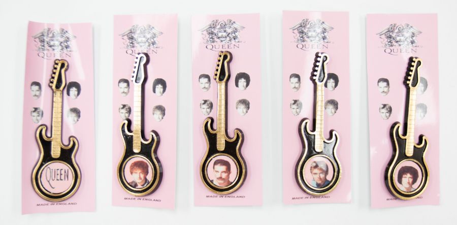 A Set of 5 Queen Guitar Badge Sets - One of each member of the band and an Group picture. 5 in the