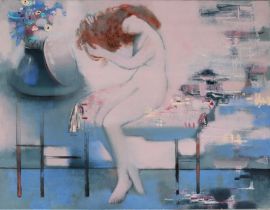 SERDIUK, OLEKSANDR (Ukrainian, b. 1982) 'Rest of the muse', seated nude looking into a mirror whilst