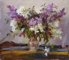 STOGNUT, VICTOR (Ukrainian, b. 1958) 'Lilacs', still life of lilacs in bulbous glass vase, Oil on