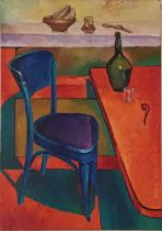 LAUSHKIN, SERGEY (Ukrainian,b.1954), "Interior", interior table scene with bentwood chair, decanter,