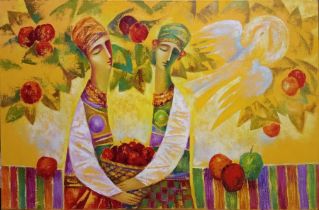 LAUSHKIN, SERGEY (Ukrainian, b. 1954), "Feast of the Apple Salvation" , two figures holding a basket