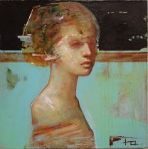 PANCHUK, IHOR (Ukrainian b.1981), "Bust of a girl" female head, blue, black and umber color