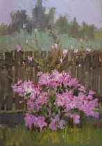 STOGNUT, VICTOR (Ukrainian b. 1958), 'Rose Bush' expressionistic exterior still life of a rose bush,