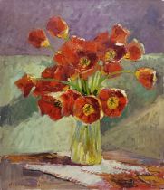 STOGNUT, VICTOR (Ukrainian b1958) 'Tulips', a still life of red tulips in full bloom, Oil on Canvas,