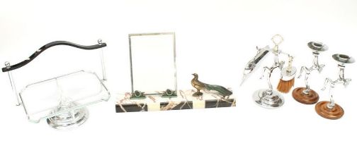 A mixed collection of Decorative Art items to include; a spelter on onyx Art Deco photograph frame