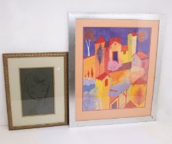 A large colourful print of dwellings in South Africa, together with a signed portrait of a lady