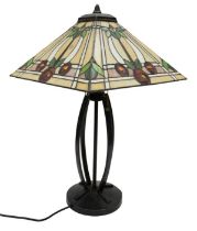 A modern Tiffany style table lamp with stylised Glasgow rose design to the shade on a metal body.