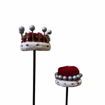 A group of kings and queens crowns for theatre or fancy dress in red corded velour with faux fur