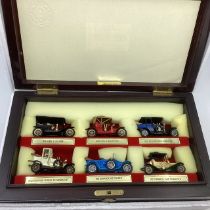 Wooden special edition gift set cased of 6 early cars c 1910 replica vehicles in a wooden box with