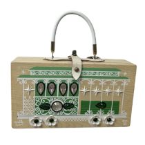 An iconic C1966 Edith Collins box bag with cable car design in green and white with affixed jewels