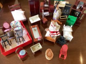 Dolls House furniture selection of vintage pieces to include Beds and other pieces and doll