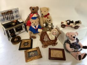 Brenda Brightmore vintage artist teddy bears , together with a tinplate dolls stove with pans,