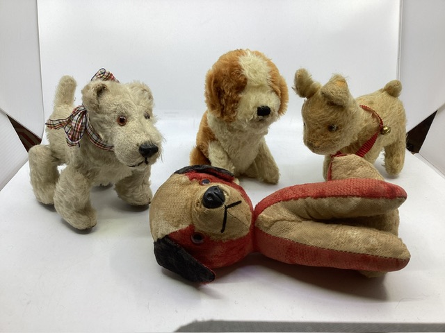 Vintage toy Mohair and other dog ; to includes a  chiltern red dog c 9” and a dog on rollers that