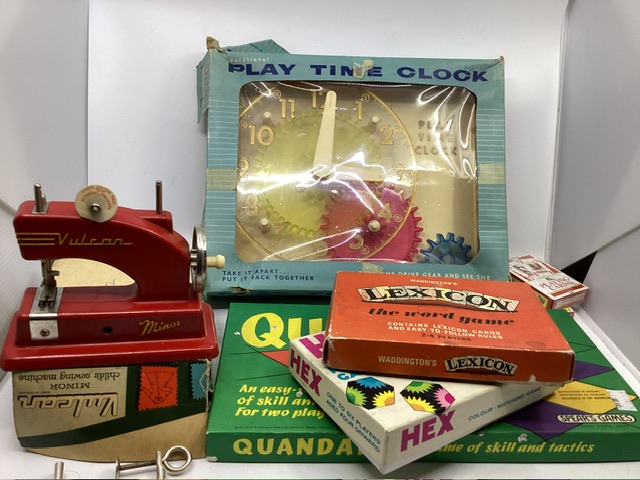 Collection of Vintage Toys and Games 1960s. To include a Triang( Lines brothers)Play time Clock-Like