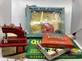 Collection of Vintage Toys and Games 1960s. To include a Triang( Lines brothers)Play time Clock-Like