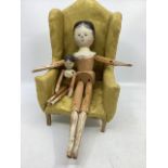 German wooden Grodertal good dolls with painted head and lower legs, the larger 12” with inserted