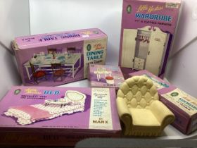 Marx teen fashion Hostess 10-12” doll scaled furniture to include a bed, a wardrobe, a dressing