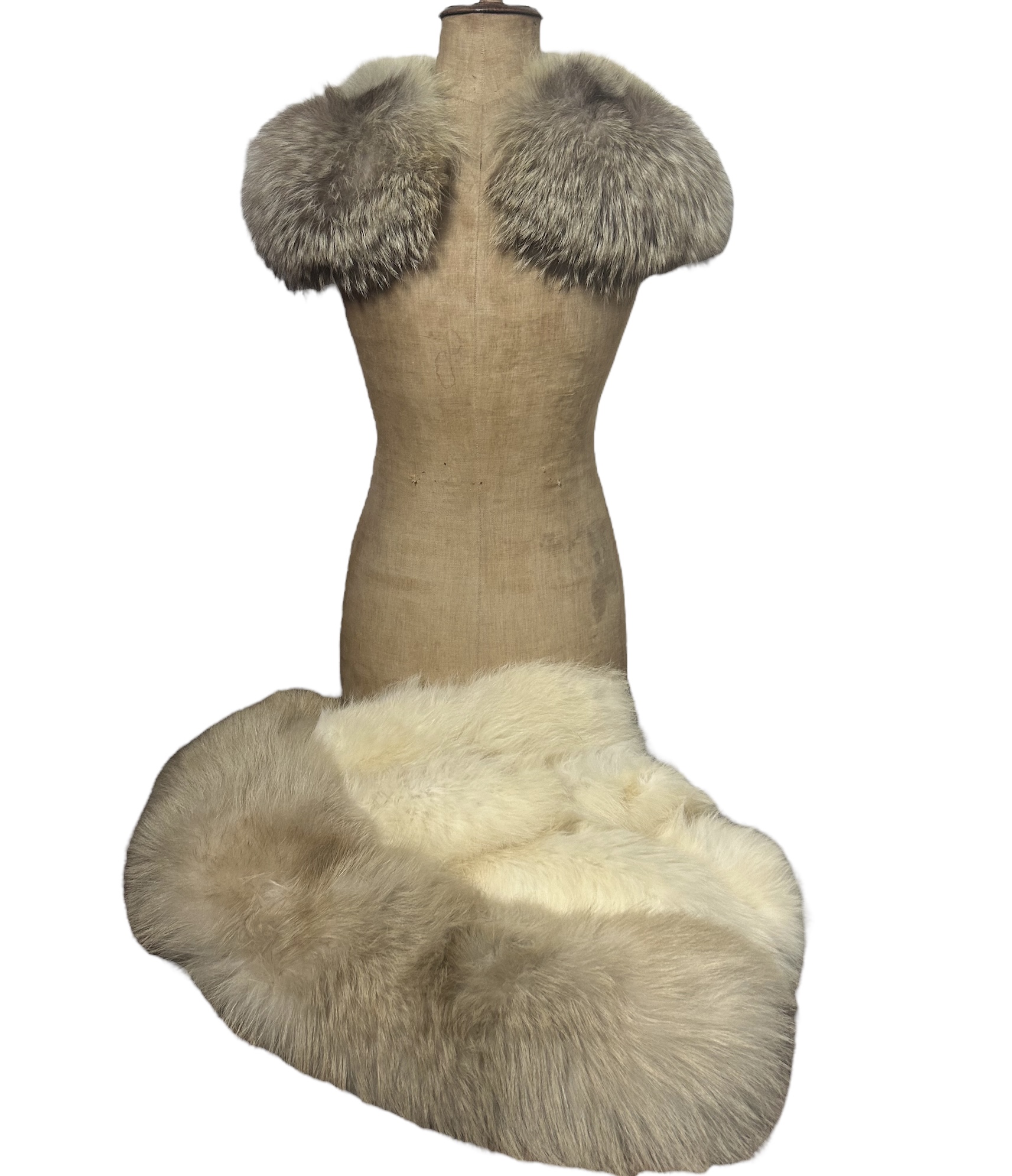 A cream fox fur stole C1950s along with two fox fur collars, one wolf collar and a group of silk