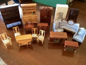 Dolls house Vintage  furniture; good artist pieces and various effects including wooden armoire