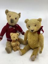Antique and Vintage teddy bears , 16” / 14” and a tiny 6” small golden cotton plush bear Both Larger