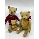 Antique and Vintage teddy bears , 16” / 14” and a tiny 6” small golden cotton plush bear Both Larger