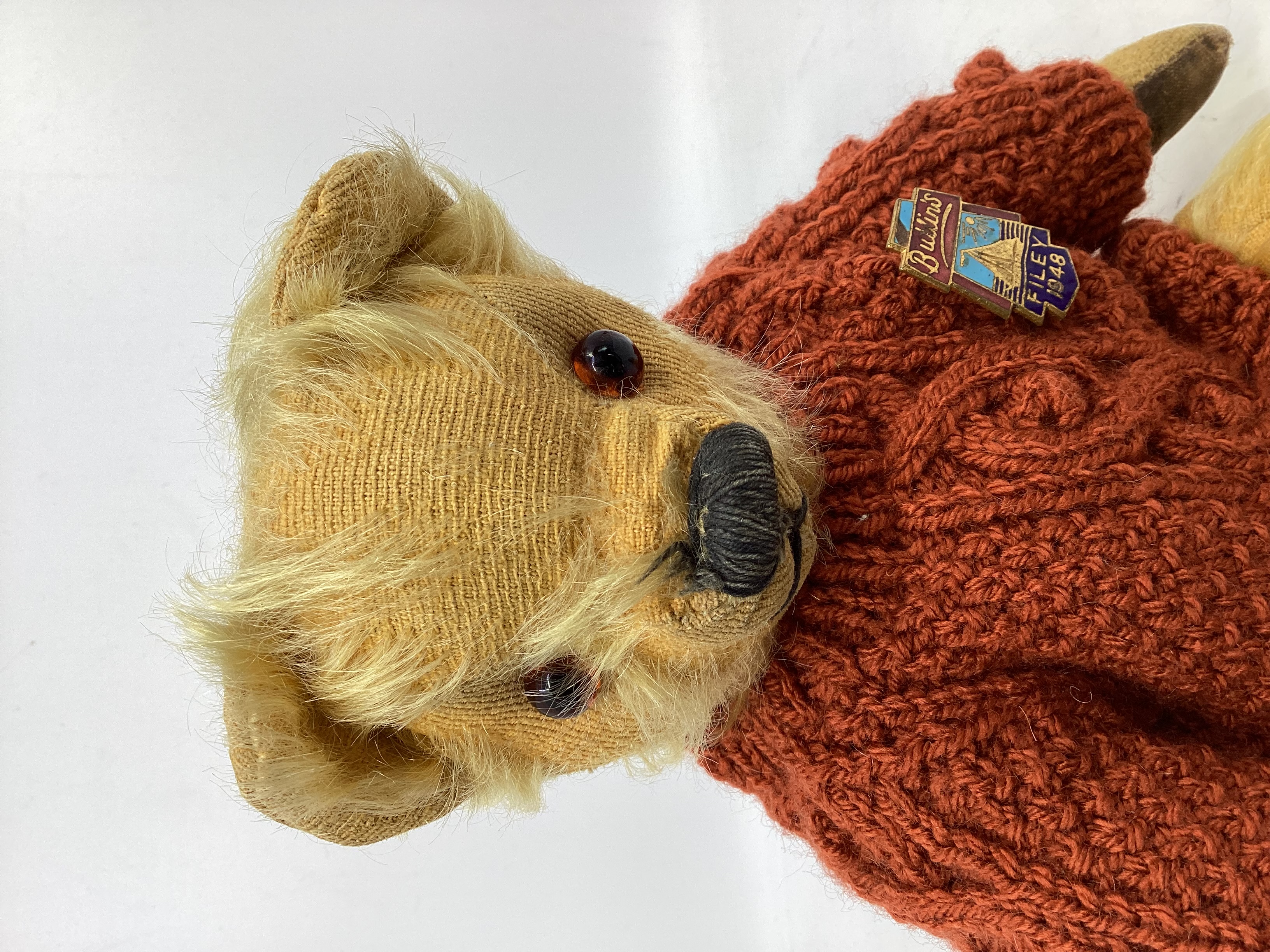 Antique Chad valley 12” golden teddy bear with shield stitch snout and amber glass eyes , and cup - Image 2 of 11