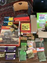 Vintage Hornby and other train set and lots of Layout accessories , metal signal and level