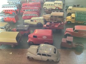 Vintage toy Dinky cars loose, and bus toy vehicles in used playworn order and a good selection/ (