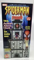 A marvel Boxed Spiderman Ltd edt 2002 Talking action alarm clock toy; boxed and appears unused. Made