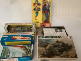 Vintage die cast matchbox cars, inc batmobiles from Batman series and several vintage boxed boats