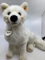 Steiff german Large Artic white seated dog with all labels 43cm tall with long husky tail and labels