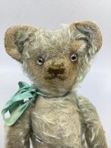 Antique Blue long pile mohair teddy bear with age wear as shown , clear glass eyes with black