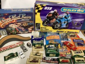 Vintage scalextric motorbike boxed set and stock rod racing set and many loose boxed cars and some