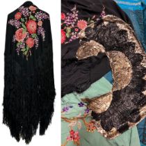 A 1920s silk piano shawl in black with embroidered dahlias and lilac, another in a soft turquoise