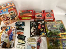 A selection of shucco car sets and a larger scale Britains farm set, ninja turtle figures toys and