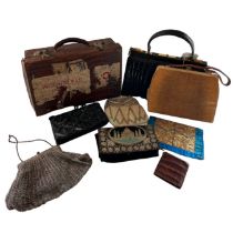 A group of vintage bags to include a black crocodile bag by Berma, Paris, a small alligator case