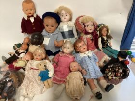 Vintage dolls selection to include French celluloid character boy, bisque head antique doll and many