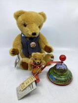 Hermann German Fine lithographed metal miniature mohair teddy bear Motorroller on a tinplate