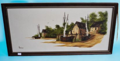 A 1960s/1970s framed oil on canvas of a coastal scene of moored boats by Hammond