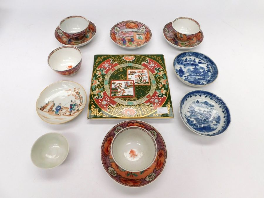 A small collection of Chinese or Chinese style 19th Century ceramics to include; a blue and white