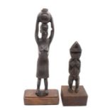 African Art: Two tribal art figures, both made of wood, one of lady with urn above head, other