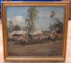 20th Century School Landscape with chicken coop oil on canvas, 55 x 60cm  signed indistinctly